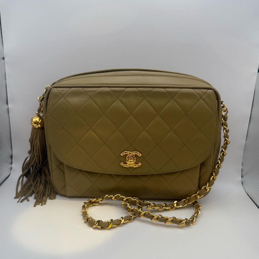 CHANEL Khaki Quilted Crossbody Bag with Gold Chain